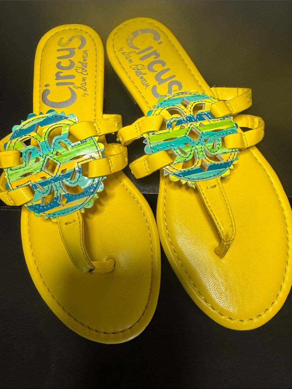 Circus by Sam Edelman Bright Yellow Leather Thong Sandals with Turquoise Accent